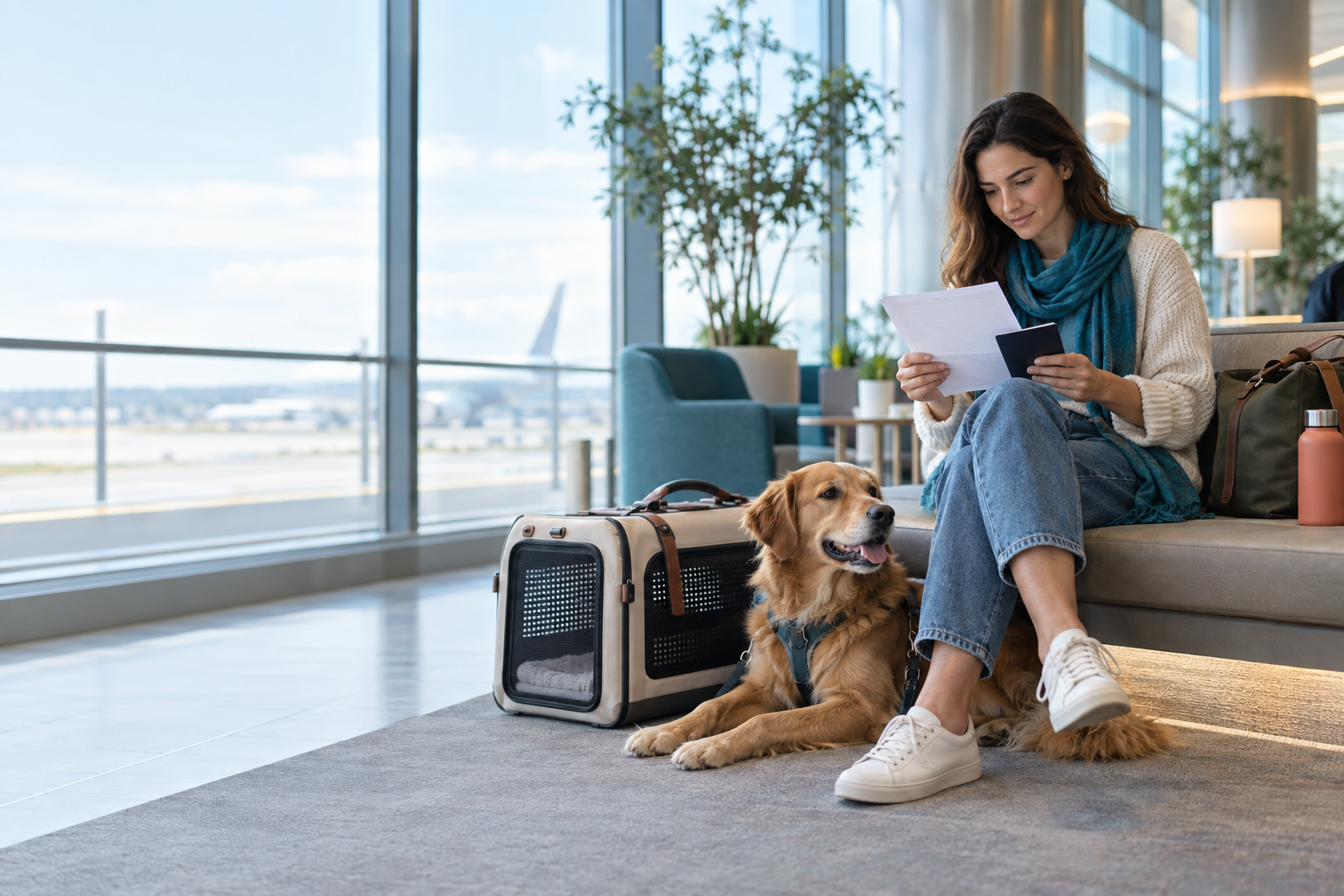 A traveler reviewing documents beside her dog and pet carrier in a quiet airport lounge